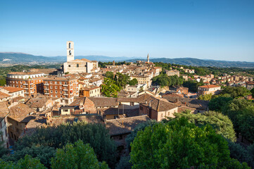 Fototapeta na wymiar Perugia, Umbria, Italy. August 2021. Amazing panoramic view of the city. Beautiful summer day.