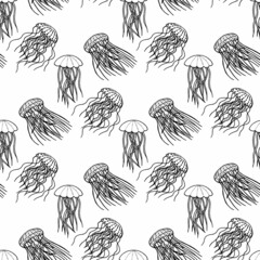 Seamless pattern with creative black-and-white jellyfish on white background. Vector image. © Asahihana