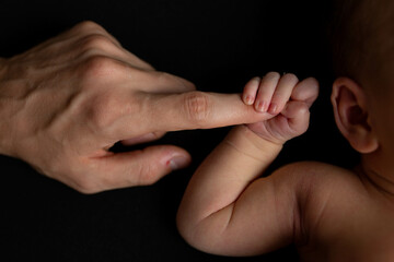 newborn baby holds mom's finger. hand of a newborn baby