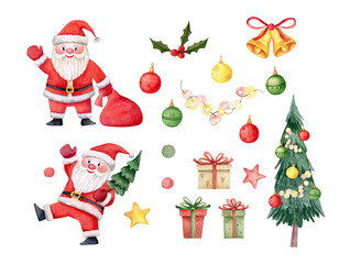 Christmas clipart with Santa Claus. Christmas tree, gift boxes, garland, stars, toys, holly, bells. Watercolor clipart set isolated on white.