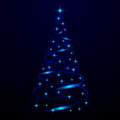 Christmas card glowing Christmas tree. Vector illustration of a Christmas tree with glowing garlands on a dark background and bright stars.