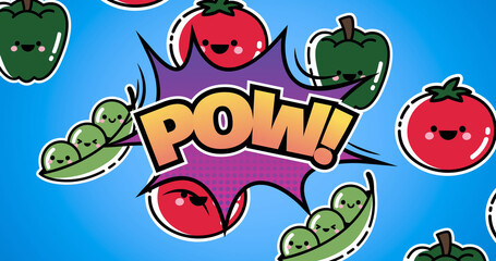 Fototapeta premium Image of illustration with pow text over vegetables with smiling faces on blue background