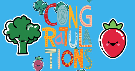 Image of illustration with congratulations text over fruit and vegetables with smiling faces
