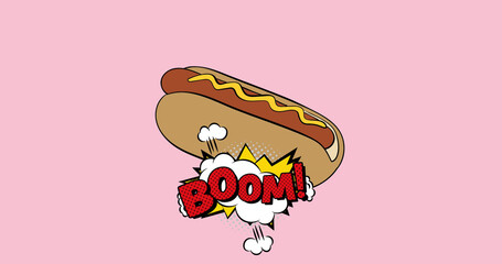 Image of illustration with boom text over hot dog on pink background