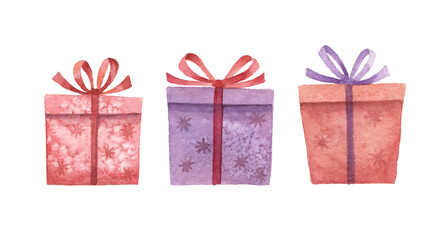 Set of watercor red and lilac boxes isolated on white background.