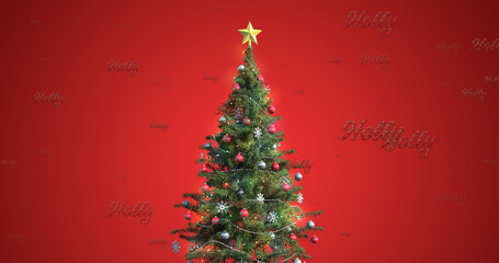 Image of holly text in repetition over christmas tree