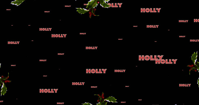 Image of holly text in repetition over christmas wreath