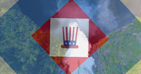 Image of squares in red, white and blue and flag of america hat over forest and sea
