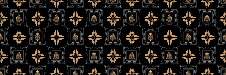Colorful background pattern with golden decorative elements on black background in vintage style, seamless pattern, wallpaper texture. Vector illustration 