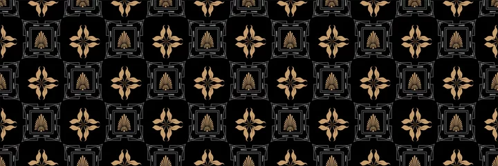 Gordijnen Kleurrijk patroon als achtergrond met gouden decoratieve elementen op zwarte achtergrond in vintage stijl, naadloos patroon, behangtextuur. vector illustratie © PETR BABKIN