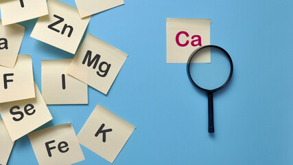 paper stickers with inscriptions of vitamins and macronutrients. The choice of calcium from other...