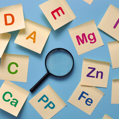 Stickers with inscriptions of vitamins and macronutrients. Search for useful substances