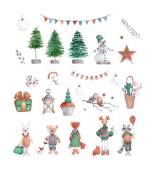 winter holidays. set of miniature watercolor illustrations with firs, toy animals decorate the Christmas tree and prepare gifts. Suitable for backdrops, stickers, textiles, greeting cards