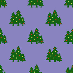 Seamless pattern. Image of green Christmas trees with balls on pastel blue purple backgrounds. Symbol of New Year and Christmas. template for overlaying on surface. 3d image. 3d rendering