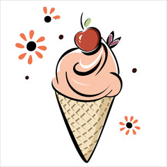 Ice cream with cherry. Pink creame in waffle cup hand made drawing
