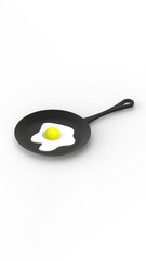 fried egg in frying pan on white background. side view of frying device. chicken egg is cooked in grill. vertical image. 3d image. 3d rendering.