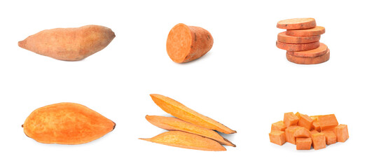 Set with whole and cut ripe sweet potatoes on white background. Banner design