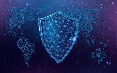 Wireframe polygonal shield with globe map. Cyber security, world protection concept with glowing low poly guard. Futuristic modern abstract background. Vector illustration.