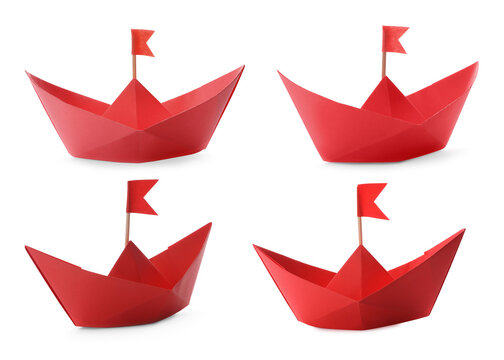 Red paper boats with flags on white background, collage
