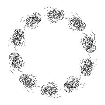Round frame with black-and-white jellyfish on white background. Vector image.