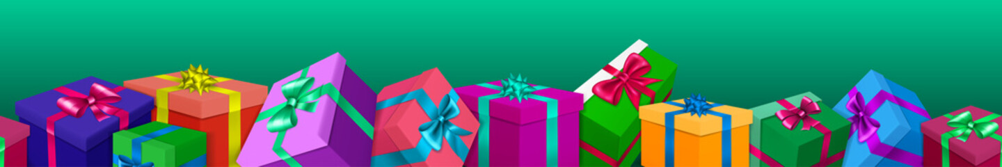 Banner with bunch of colored gift boxes with ribbons and bows on green background. With seamless horizontal repetition
