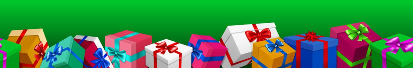 Banner with bunch of colored gift boxes with ribbons and bows on green background. With seamless horizontal repetition