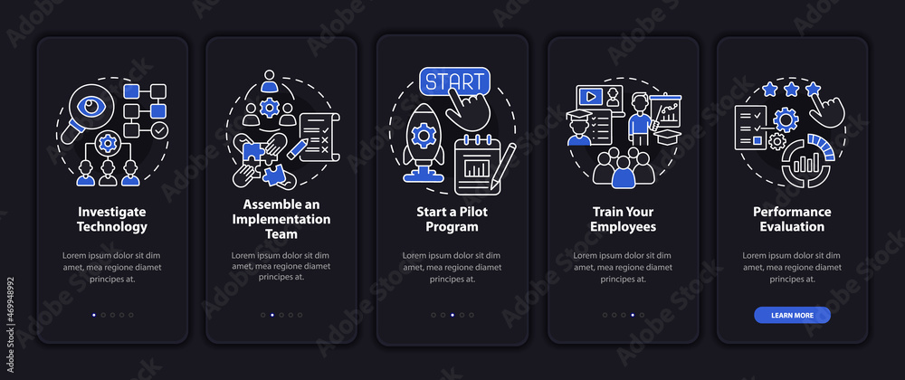 Wall mural technology execution steps onboarding mobile app page screen. pilot program walkthrough 5 steps grap