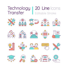 Fototapeta premium Technology transfer RGB color icons set. Industry innovation and development. Knowledge and skills sharing. Isolated vector illustrations. Simple filled line drawings collection. Editable stroke