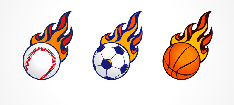 Baseball, football and basketball icons in fire. Vector design for sport team emblem or championship badge. Tournament label signs with baseball, soccer ball and basket ball with flame