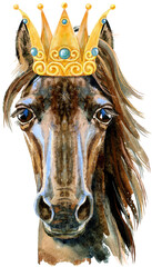 Horse in gold crown. Watercolor illustration isolated on white background.