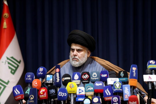 Iraqi Shi'ite cleric Muqtada al-Sadr attends a news conference in Najaf