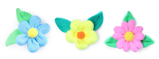 Different flowers with leaves made from playdough on white background, collage. Banner design