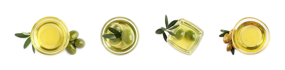 Set with oil, ripe olives and leaves on white background, top view. Banner design