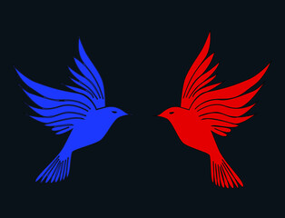 Two flying birds on dark background vector illustration. Birds facing each other .