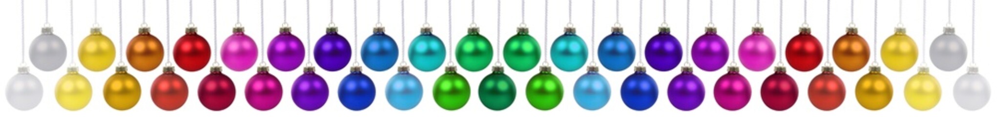 Christmas balls many baubles banner decoration collection of ornaments hanging isolated on white