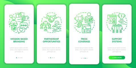 Advantages for social enterprise green gradient onboarding mobile app page screen. Walkthrough 4 steps graphic instructions with concepts. UI, UX, GUI vector template with linear color illustrations