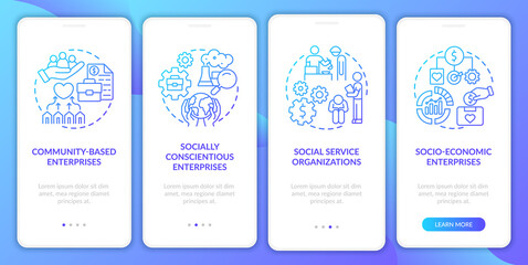 Social entrepreneur focus blue gradient onboarding mobile app page screen. Walkthrough 4 steps graphic instructions with concepts. UI, UX, GUI vector template with linear color illustrations