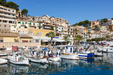 Fototapeta na wymiar Port de Soller town on Mallorca marina with boats travel traveling holidays vacation in Spain
