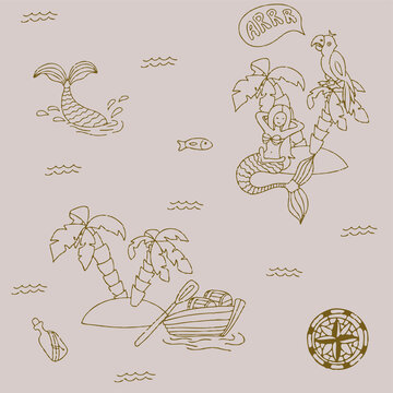 Vector doodle pirate seamless pattern. A map with a hand-drawn sketch of a mermaid ship and pirate items. Template for children s postcards. Map of treasure island. Doodle style.