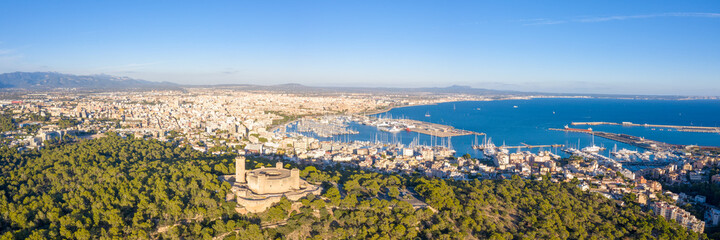 Castell de Bellver castle with Palma de Mallorca and harbor travel traveling holidays vacation aerial photo panorama in Spain © Markus Mainka