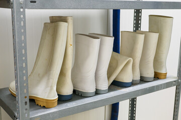 White rubber boots on a metal rack in the interior.