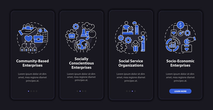 Social entrepreneur focus dark onboarding mobile app page screen. Walkthrough 4 steps graphic instructions with concepts. UI, UX, GUI vector template with linear night mode illustrations