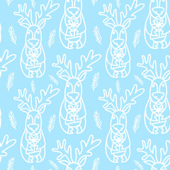 Naklejka premium Seamless vector pattern with reindeer in white line on blue isolated background. Decorative, festive, repeating, bright hand drawn style print.Design for textiles, wrapping paper, packaging, fabric.