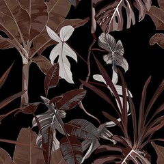 Abstract foliage seamless pattern, various plant and tree, plants and leaves in brown colors on black background.