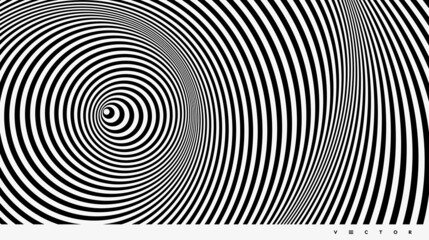 The geometric background by stripes. Black and white modern pattern with optical illusion. 3d vector illustration for brochure, annual report, magazine, poster, presentation, flyer or banner.