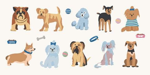 Set of different breeds of pet dogs. Print for printing on children's clothing. Vector flat illustration