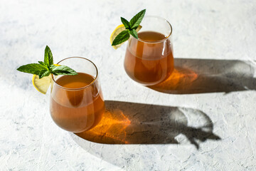 Raw fermented homemade alcoholic or non alcogolic kombucha superfood. Ice tea with healthy natural probiotic