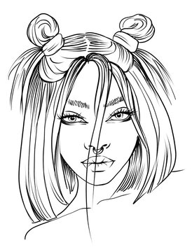 Portrait of a beautiful girl with fashion make up.Hand drawn illustration .Young woman image on white background.