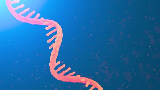 mRNA strand rotates on orange backdrop with flying debrises. mRNA vaccine concept loopable animation