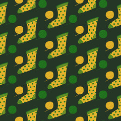Seamless pattern of cozy knitted socks. Vector background for wrapping paper and different textile design.